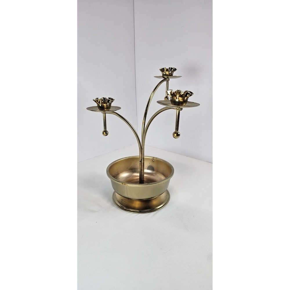 Vintage Brass Tone 3 Arm Candelabra w/ Bowl Base Drip Tray Candle Holder Decor